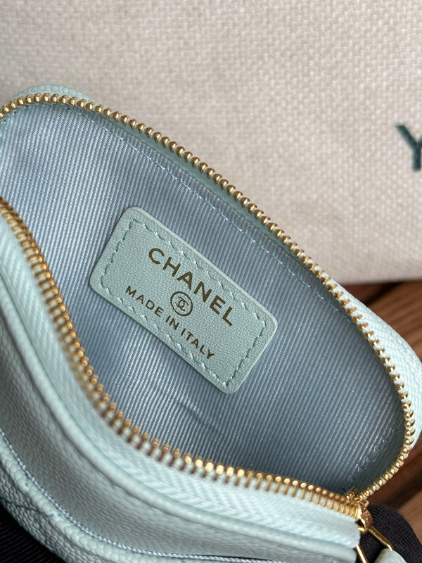 CC Zip Card Holder Wallet Light Blue Gold Metal Caviar 240605