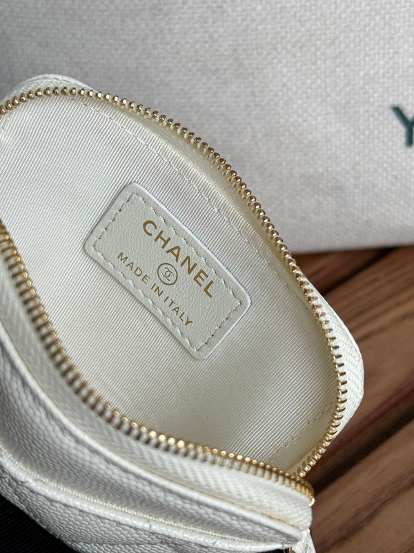 CC Zip Card Holder Wallet White Gold Metal Caviar 240607