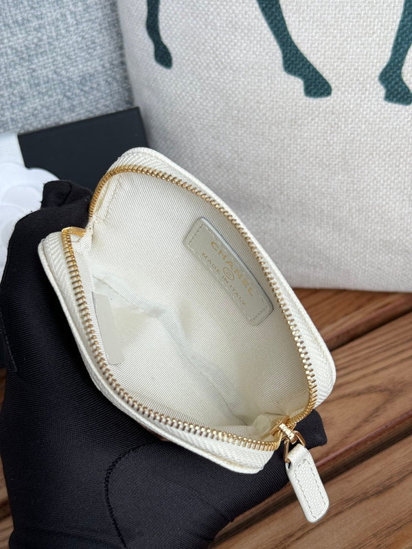 CC Zip Card Holder Wallet White Gold Metal Caviar 240607