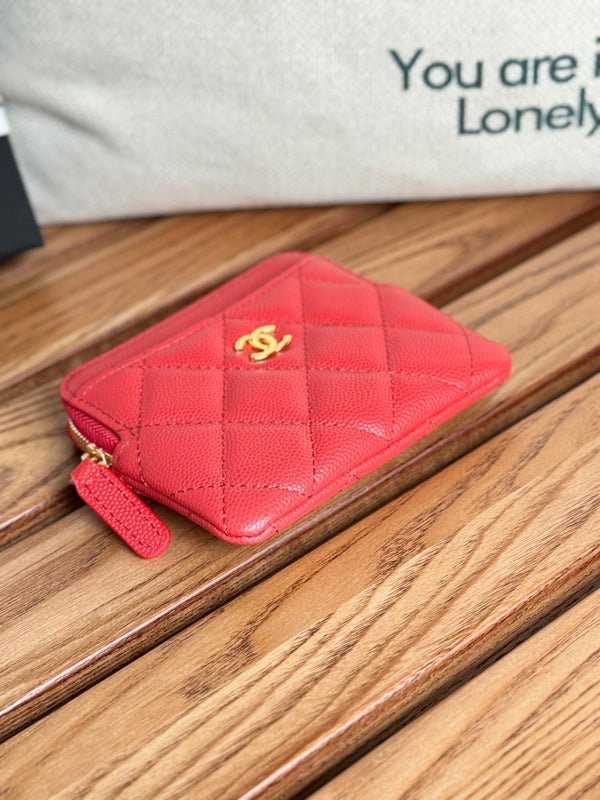 CC Zip Card Holder Wallet Red Gold Metal Caviar 240609