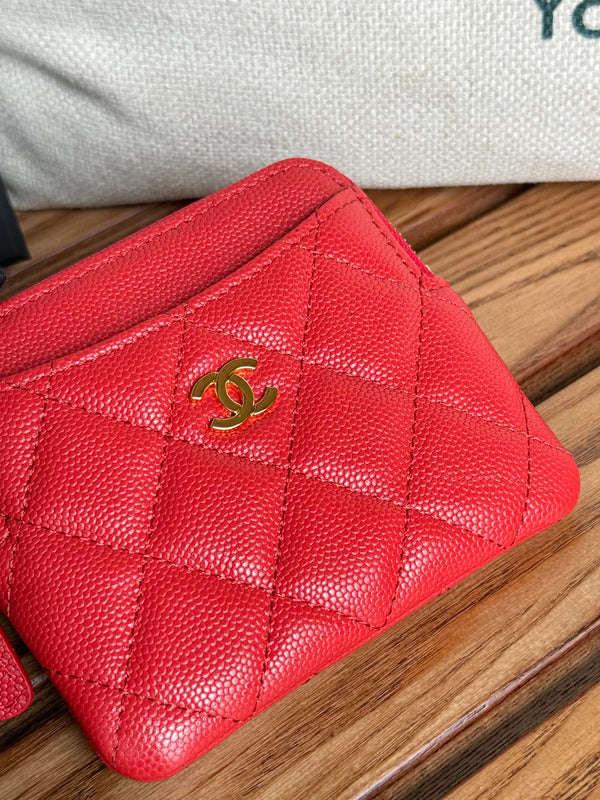 CC Zip Card Holder Wallet Red Gold Metal Caviar 240609