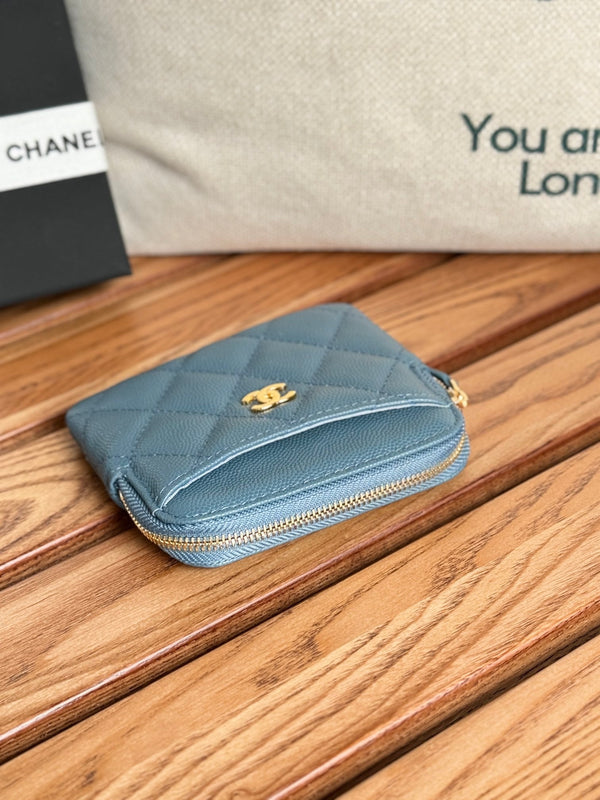 CC Zip Card Holder Wallet Blue Gold Metal Caviar 240611