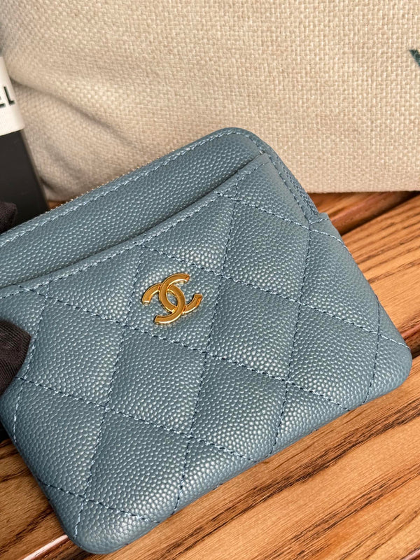 CC Zip Card Holder Wallet Blue Gold Metal Caviar 240611