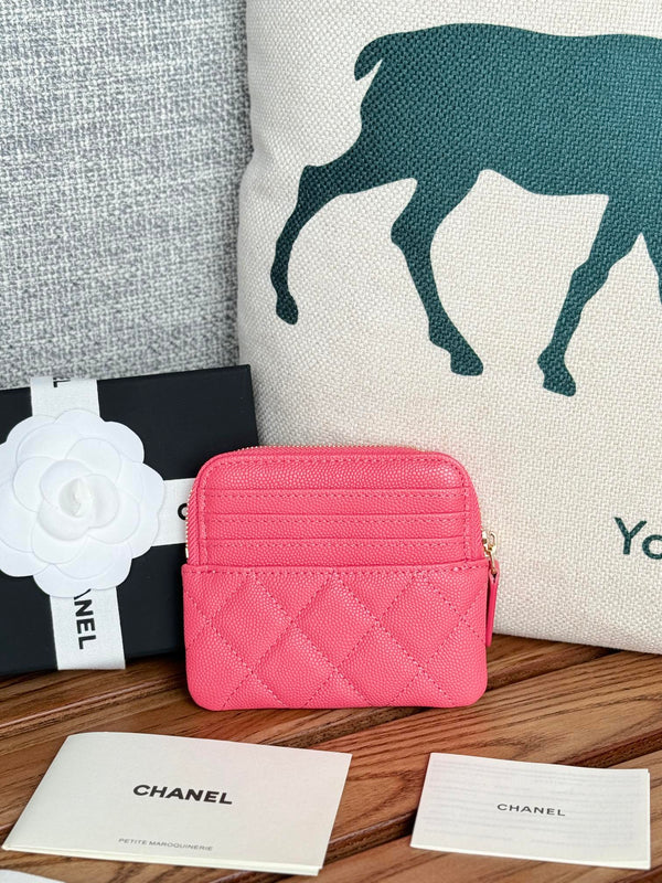 CC Zip Card Holder Wallet Pink Gold Metal Caviar 240613