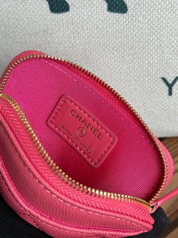 CC Zip Card Holder Wallet Pink Gold Metal Caviar 240613