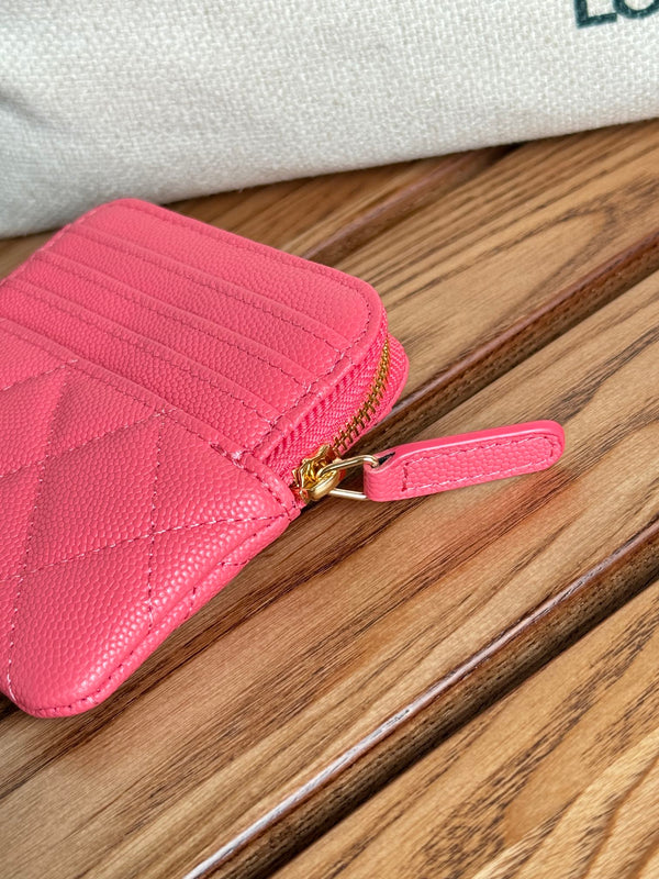CC Zip Card Holder Wallet Pink Gold Metal Caviar 240613