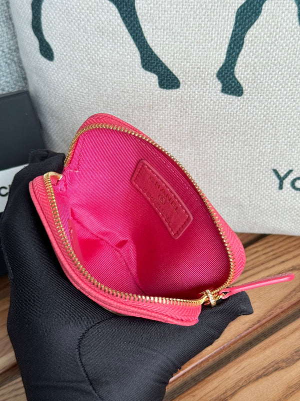 CC Zip Card Holder Wallet Pink Gold Metal Caviar 240613