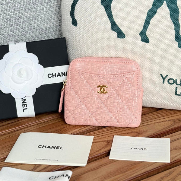 CC Zip Card Holder Wallet Light Pink Gold Metal Caviar 240615