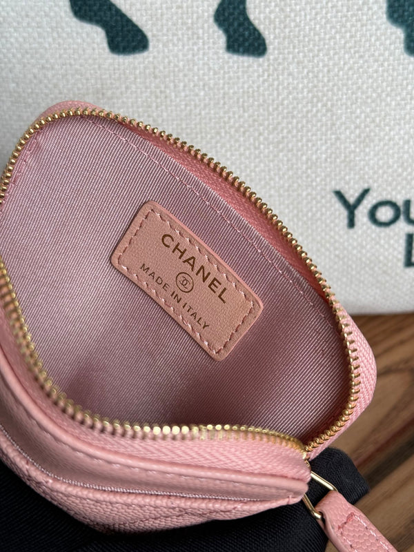 CC Zip Card Holder Wallet Light Pink Gold Metal Caviar 240615