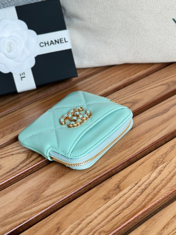 cc 19 zipped coin purse 11cm turquoise blue lambskin gold hardware