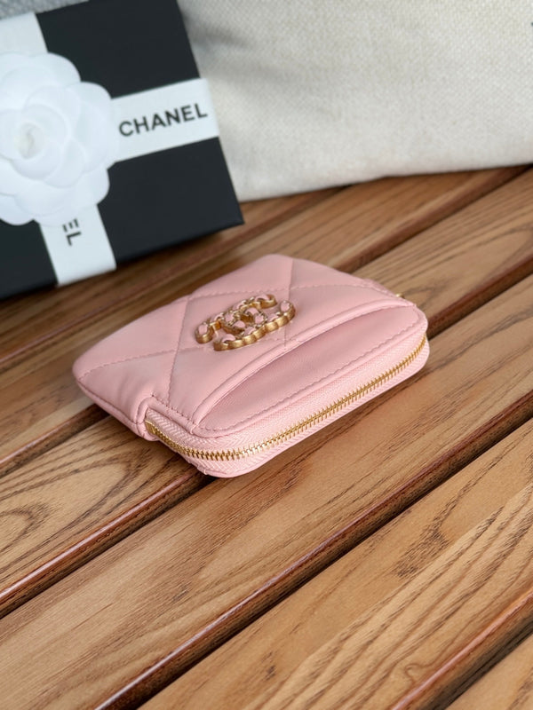 cc 19 zipped coin purse 11cm pink lambskin gold hardware