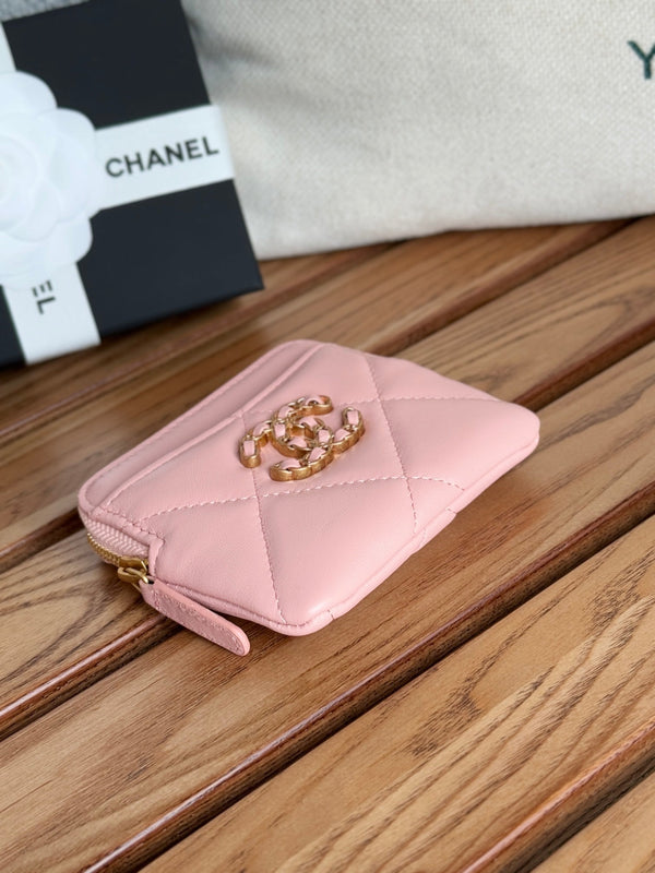 cc 19 zipped coin purse 11cm pink lambskin gold hardware