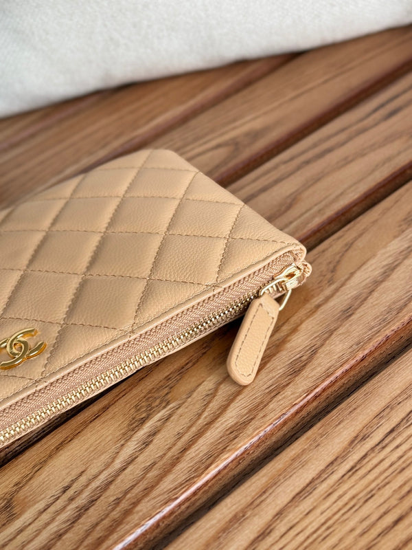 cc zipped wallet 20cm dark beige quilted caviar gold hardware