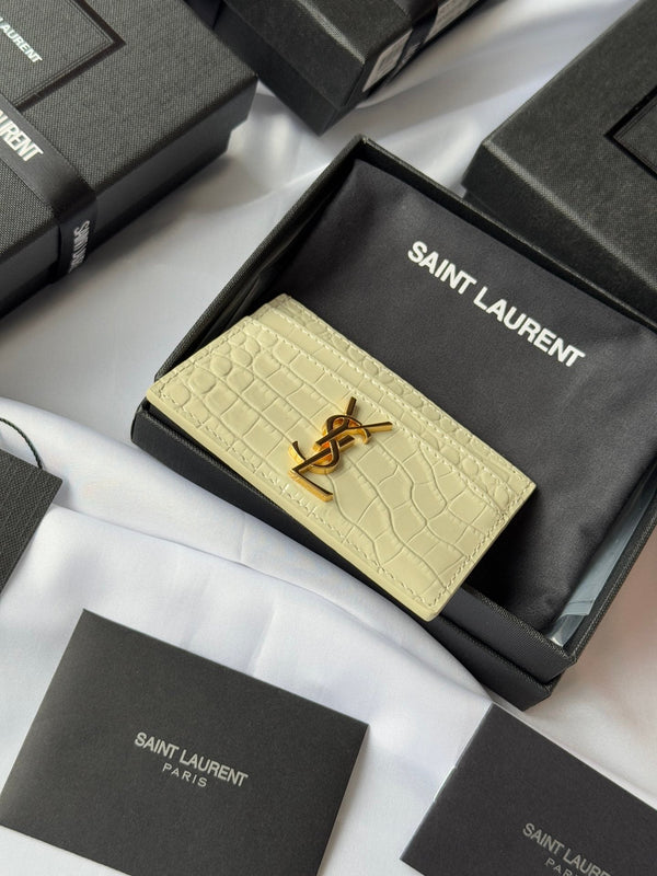 YSL Card Holder 10cm Wallet Cream Gold Crocodile Leather 240565