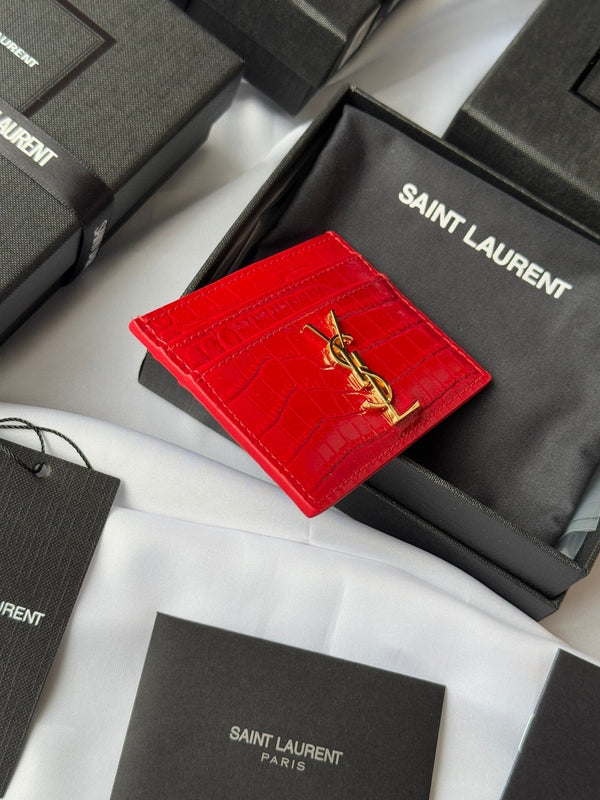 YSL Card Holder 10cm Wallet Red Gold Crocodile Leather 240563