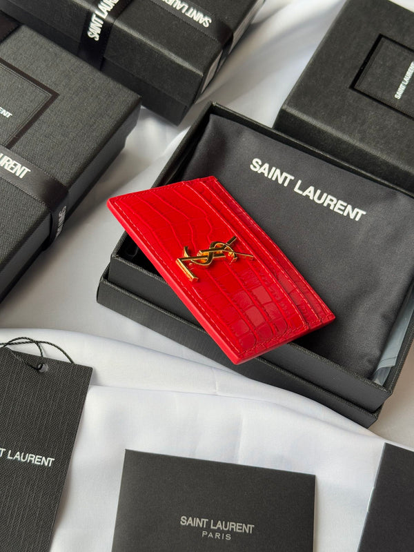 YSL Card Holder 10cm Wallet Red Gold Crocodile Leather 240563