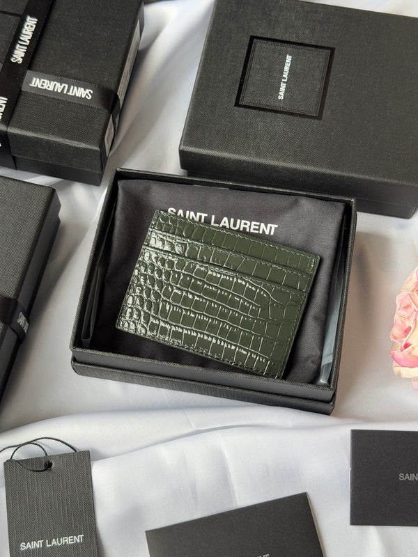 YSL Card Holder 10cm Wallet Dark Green Gold Crocodile Leather 240561