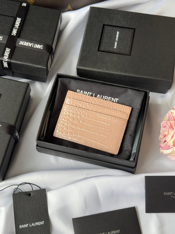 YSL Card Holder 10cm Wallet Pink Gold Crocodile Leather 240557