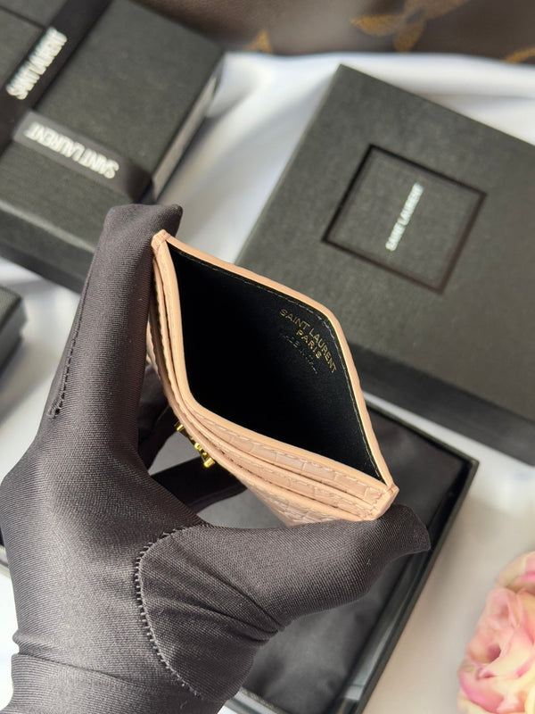 YSL Card Holder 10cm Wallet Pink Gold Crocodile Leather 240557