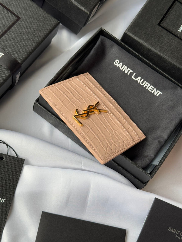 YSL Card Holder 10cm Wallet Pink Gold Crocodile Leather 240557