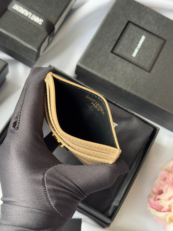 YSL Card Holder 10cm Wallet Beige Gold Crocodile Leather 240555