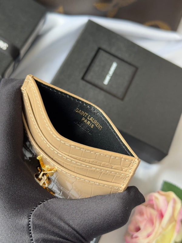 YSL Card Holder 10cm Wallet Beige Gold Crocodile Leather 240555