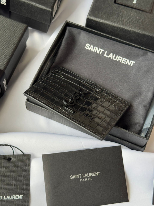 YSL Card Holder 10cm Wallet Full Black Crocodile Leather 240552