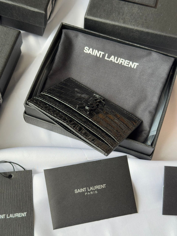 YSL Card Holder 10cm Wallet Full Black Crocodile Leather 240552