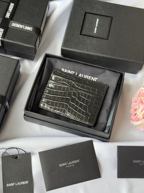 YSL Card Holder 10cm Wallet Full Black Crocodile Leather 240552