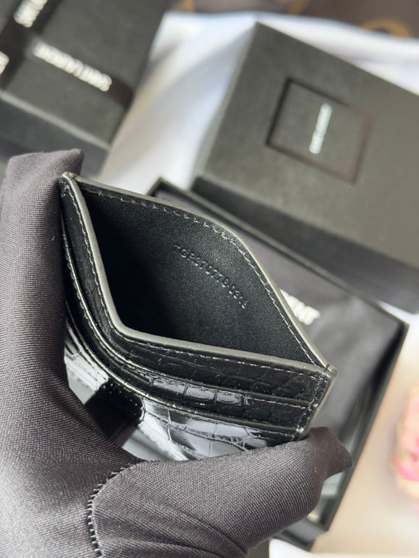 YSL Card Holder 10cm Wallet Black Gold Crocodile Leather 240550