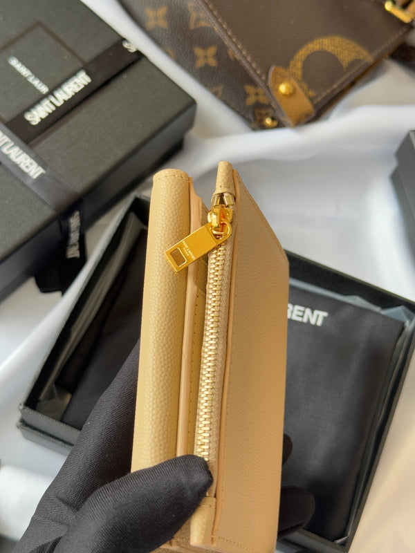 YSL Tri-fold Wallet Beige Gold Cowhide 242756