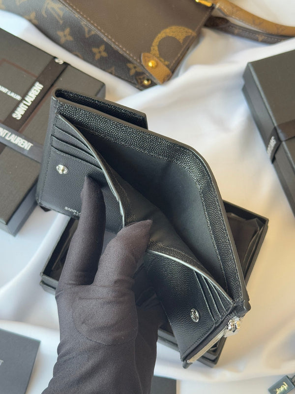 YSL Tri-fold Wallet Black Silver Cowhide 242758