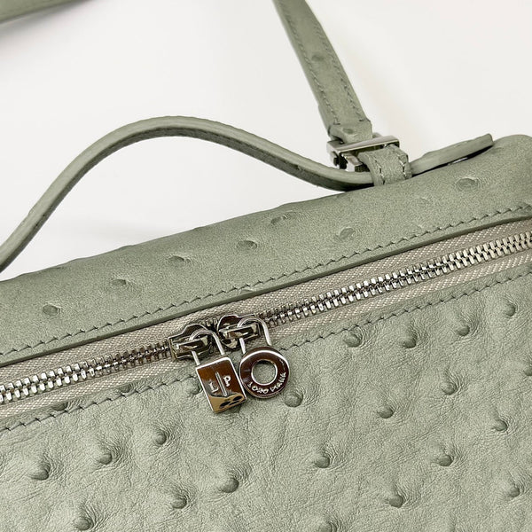 LP Extra Bag 19cm Ostrich Pattern Olive Gray Calfskin Silver Hardware