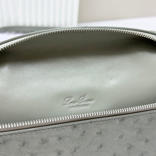 LP Extra Bag 19cm Ostrich Pattern Olive Gray Calfskin Silver Hardware