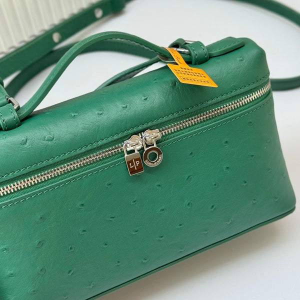 LP Extra Bag 19cm Ostrich Pattern Green Calfskin Silver Hardware
