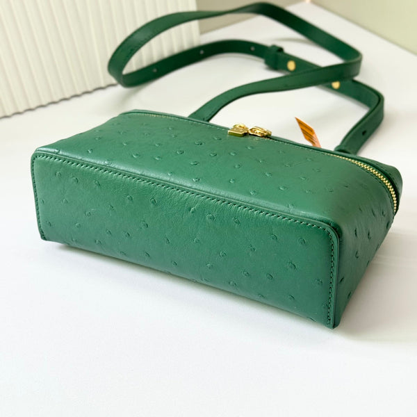 LP Extra Bag 19cm Ostrich Pattern Green Calfskin Gold Hardware