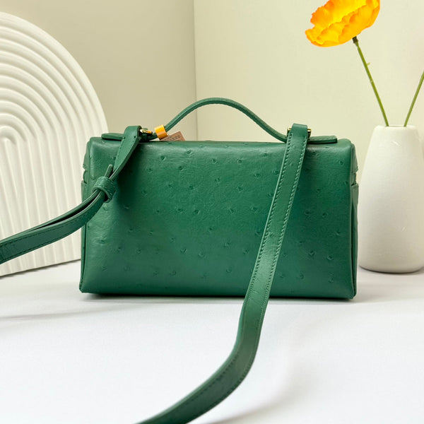 LP Extra Bag 19cm Ostrich Pattern Green Calfskin Gold Hardware