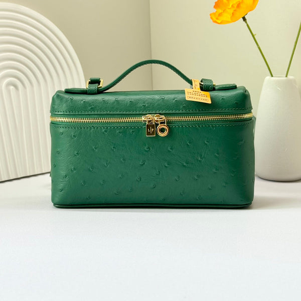 LP Extra Bag 19cm Ostrich Pattern Green Calfskin Gold Hardware