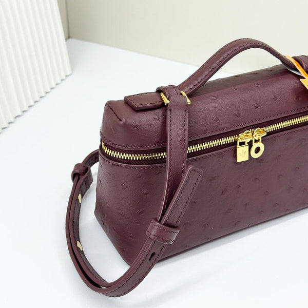 LP Extra Bag 19cm Ostrich Pattern Burgundy Calfskin Gold Hardware
