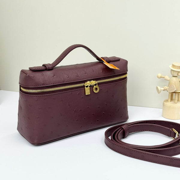 LP Extra Bag 19cm Ostrich Pattern Burgundy Calfskin Gold Hardware