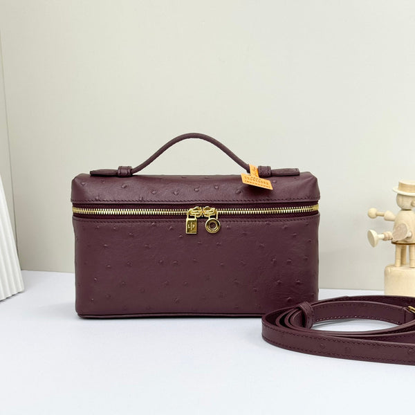 LP Extra Bag 19cm Ostrich Pattern Burgundy Calfskin Gold Hardware