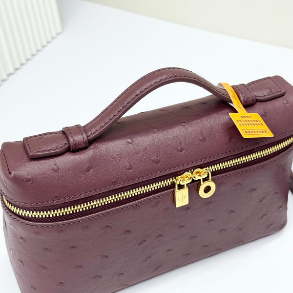 LP Extra Bag 19cm Ostrich Pattern Burgundy Calfskin Gold Hardware