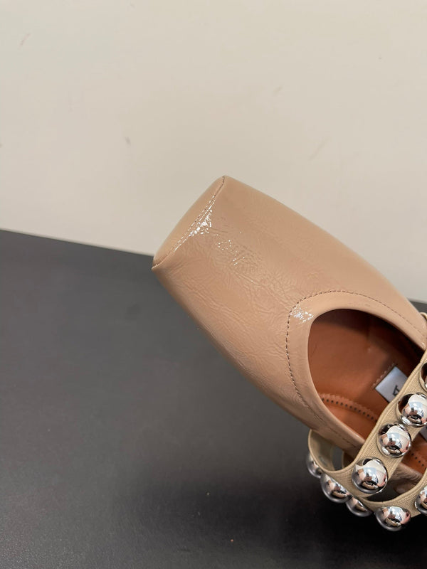 ALAIA BALLET FLATS IN ALMOND BEIGE GLOSSY CALFSKIN WITH SILVER HARDWARE