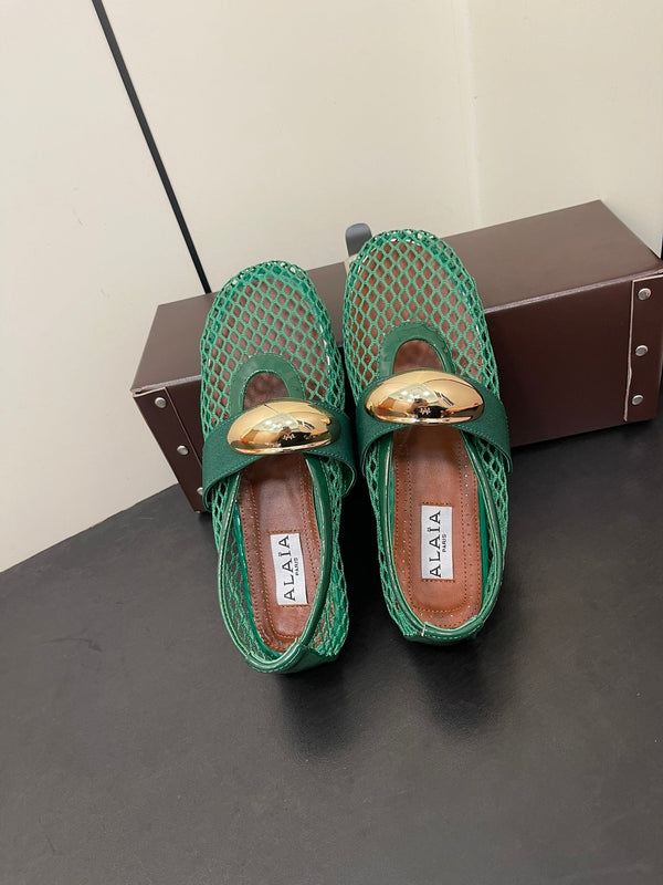 ALAIA BALLET FLATS IN COOL GREEN MESH FISHNET WITH GOLD HARDWARE