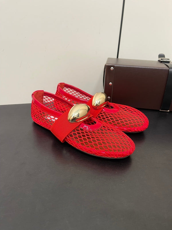 ALAIA BALLET FLATS IN CHERRY RED MESH FISHNET WITH GOLD HARDWARE