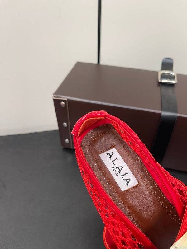 ALAIA BALLET FLATS IN CHERRY RED MESH FISHNET WITH GOLD HARDWARE