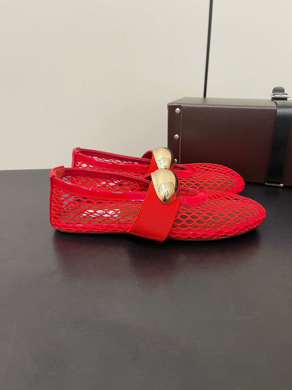ALAIA BALLET FLATS IN CHERRY RED MESH FISHNET WITH GOLD HARDWARE