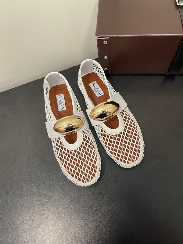 ALAIA BALLET FLATS IN WHITE MESH FISHNET WITH GOLD HARDWARE