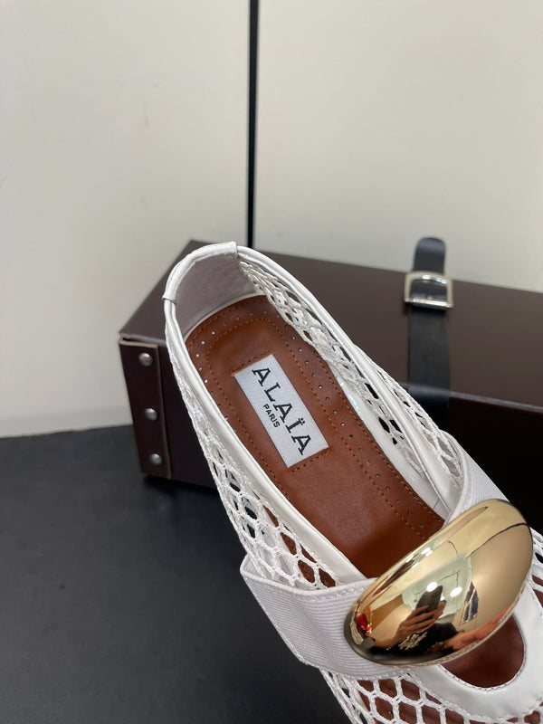 ALAIA BALLET FLATS IN WHITE MESH FISHNET WITH GOLD HARDWARE
