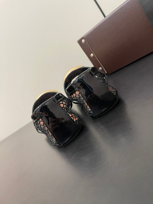 ALAIA BALLET FLATS IN BLACK MESH FISHNET WITH GOLD HARDWARE